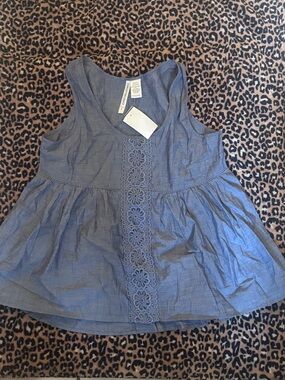 Chambray Sleeveless Peplum Tank with Crochet Trim( Lightweight Denim)